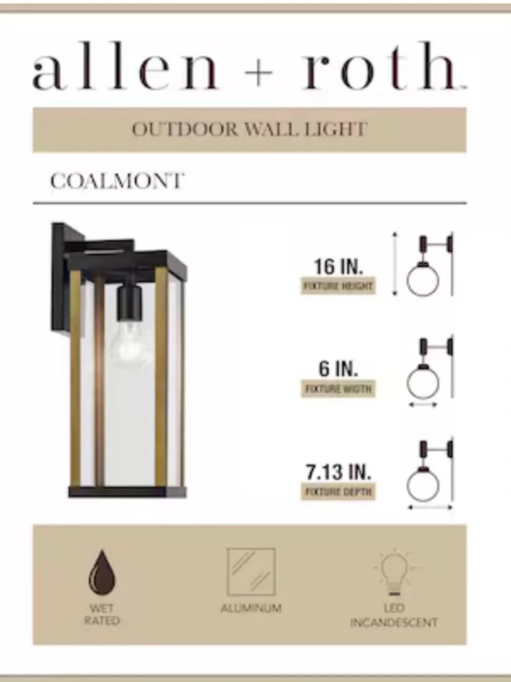 Allen + roth Coalmont 1 -Light 16-in H Black Hardwired Outdoor Wall Light
